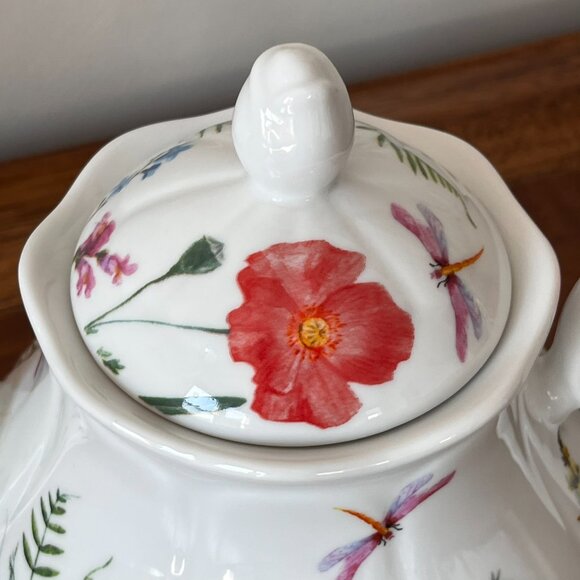 Kent Pottery Porcelain Teapot Floral Dragonflies Poppies Cottagecore SMALL FLAW - Picture 8 of 17